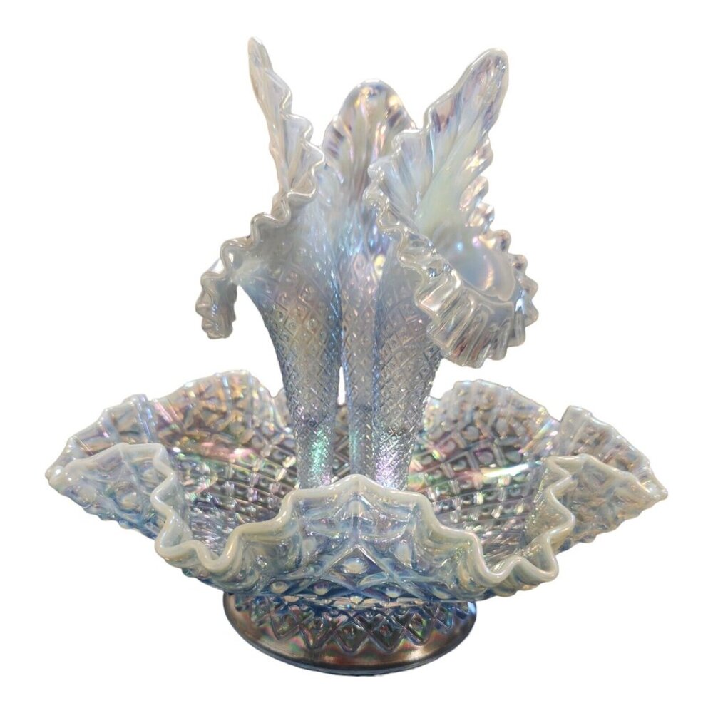 Vtg Fenton Opalescent Hobnail Diamond Lace 3 Horn Bowl - Picture 5 of 10
